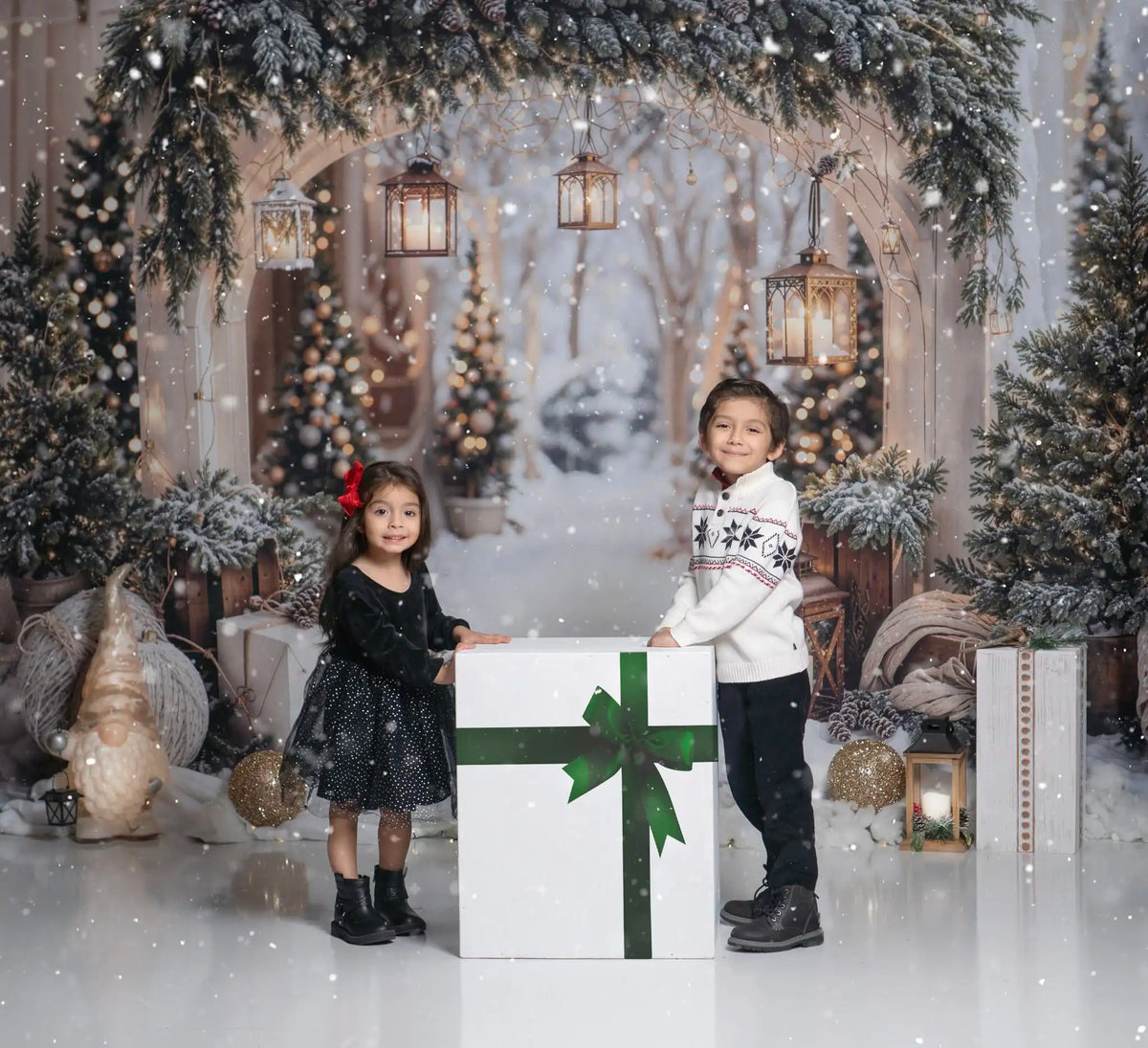 Kate Christmas Arch Garland Snow Trees Printed Backdrop Designed by Emetselch