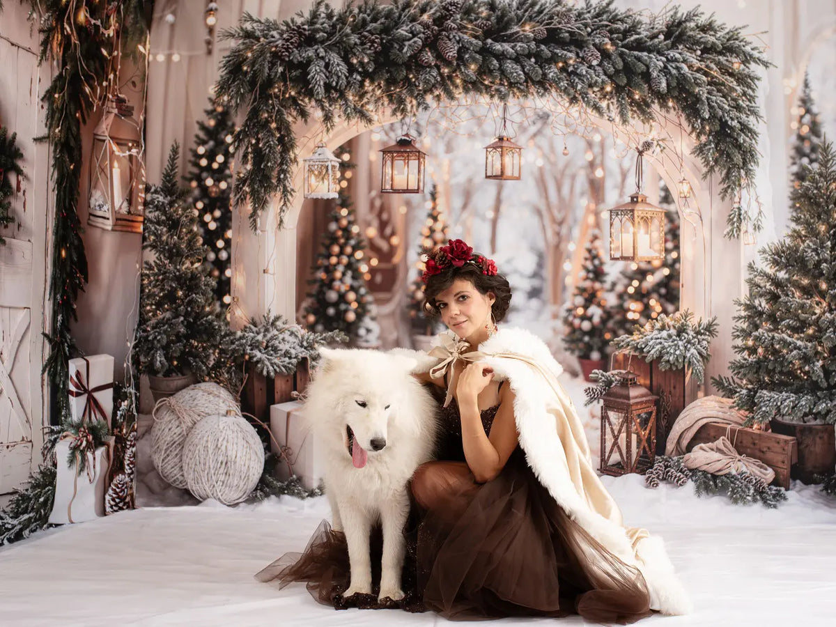 Kate Christmas Arch Garland Snow Trees Printed Backdrop Designed by Emetselch